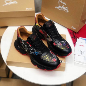 Christian Louboutin Men Runners Calf Leather and Neoprene Pattern Black