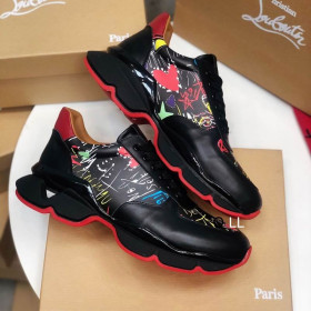 Christian Louboutin Men Runners Calf Leather and Neoprene Pattern Black