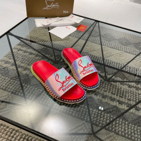Christian Louboutin Slides Logo Embossed Sandals Metallic Silver