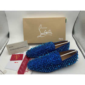 Christian Louboutin Spike Rhinestones Loafers Velvet Royal Blue