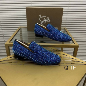 Christian Louboutin Spike Rhinestones Loafers Velvet Royal Blue