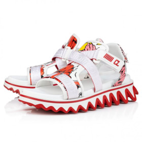 Christian Louboutin Summer Loubishark Sandals Women Calf Leather Shun Sudo Flower Print White