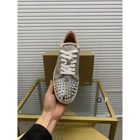 Christian Louboutin Vieira 2 Flat Spikes Sneakers Monogram-jacquard Metallic Silver